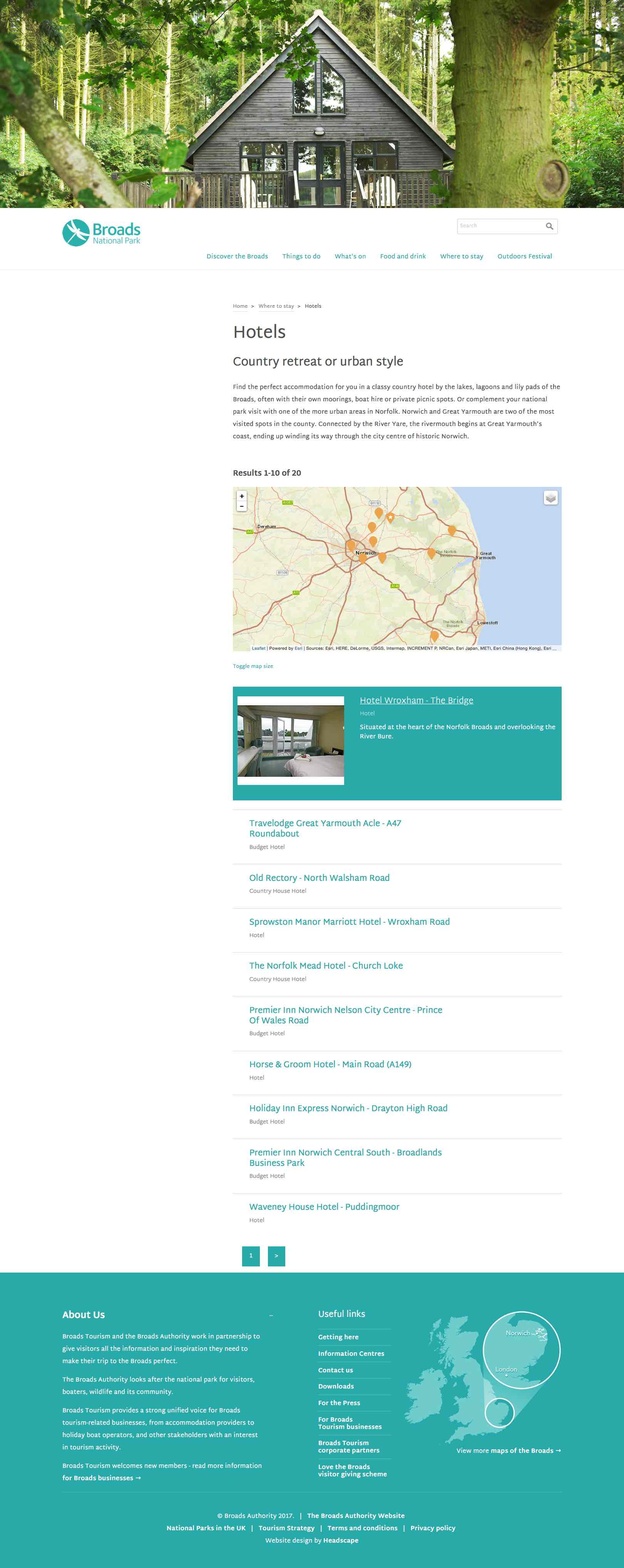 Screenshot of the Visit the Broads hotels listing page